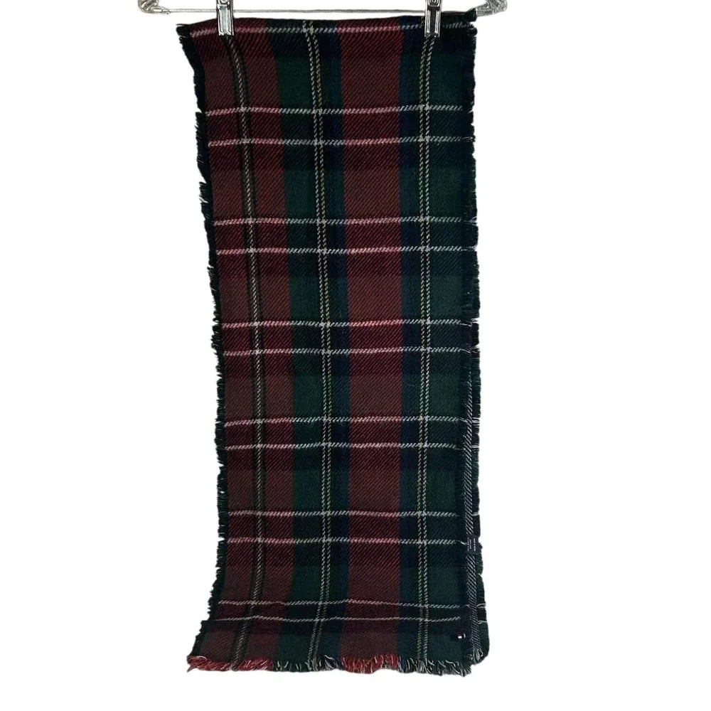 Tommy Hilfiger Scarf Red Green Plaid Fringe Acrylic Unisex
